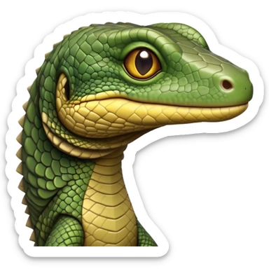 cinematic-realistic-cute-monitor-lizard-portrait-emoji,-head-tilted-playfully-and-inquisitively,-featuring-a-compact,-agile-body-with-finely-detailed,-glossy-scales-in-earthy-olive-hues-and-a-distinct,-alert-face-with-bright,-curious-eyes, yellow and dark green scales sticker