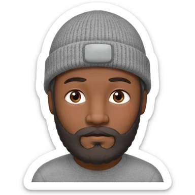 A dark-skinned, oval face shape with soft rounded chin. man with a gray beanie, brown eyes, and a dark gray beard, wearing a calm expression. sticker