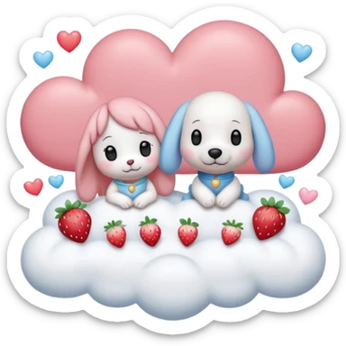  Couple DP in AI emoji style with Cinnamoroll and Snoopy. Both wear strawberry-themed accessories, sitting together on a pastel pink cloud with hearts, sparkles, and strawberries around. Cute, soft, and romantic vibe. sticker