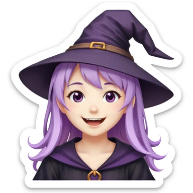 cute anime girl with lilac hair in a witch hat laughing sticker