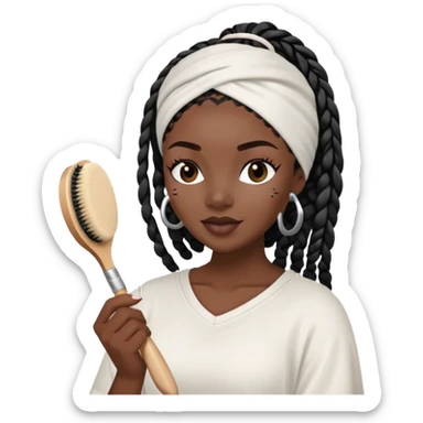  A dark-skinned Black woman with black box braids, wearing a headband, applying a face mask, holding a skincare brush. sticker