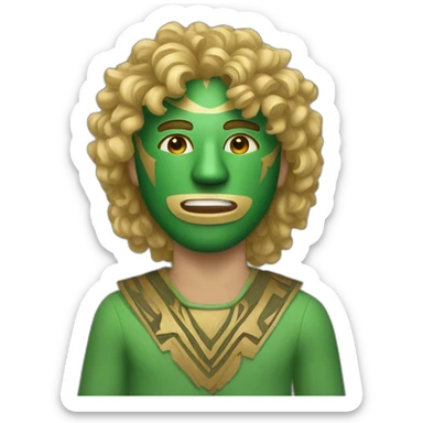 A man wearing a green wooden tribal mask with medium length blonde curly hair sticker