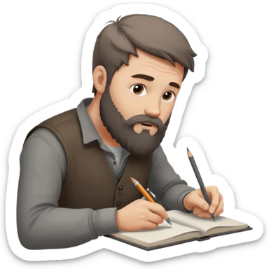 Bearded man  drawing boy character with charcoal in sketchbook sticker