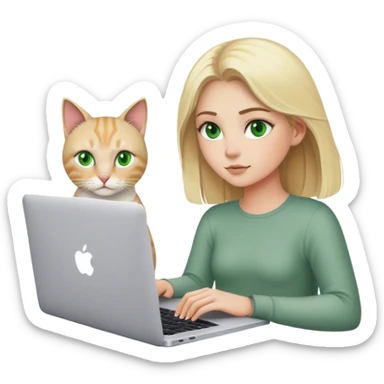 Blonde girl green eyes with apple MacBook and a cat sticker