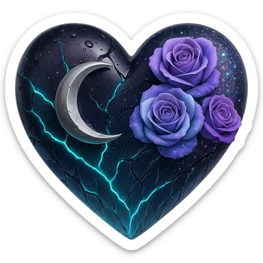 Create a gothic heart made of aurora glass with a silver crescent moon, gradient roses, holographic stardust, neon teal lightning, drenched and splintered glass. The style should emulate the 3D emoji style but since 3D emoji style does not support editing, use a general style that captures the look and feel of 3D emoji style. The background should be transparent. sticker