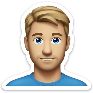 A head and shoulders shot of a 31 year old Caucasian man, with short brown hair,   with blue eyes wearing a t-shirt. sticker