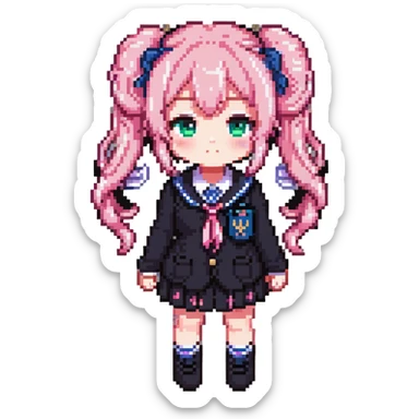 Pixel art anime girl with pink twin tails and school uniform, cute chibi style sticker