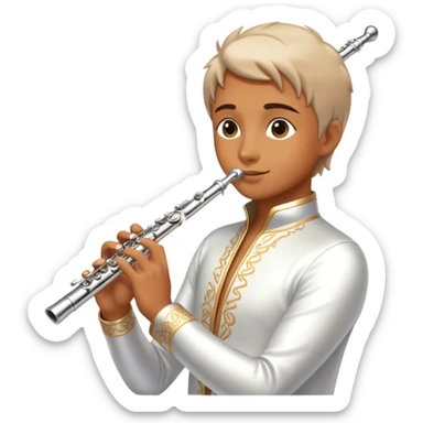 Cinematic Realistic Flute, polished silver metal with precise keywork, warm golden reflections dancing along its surface, soft hands carefully positioned over the keys, glowing with an elegant and airy charm. sticker
