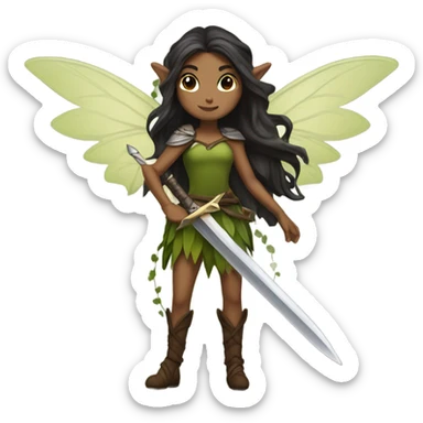 Female forest fairy, wings, pointed elf ears, long dark hair, brown skin, vines, holding medieval sword sticker