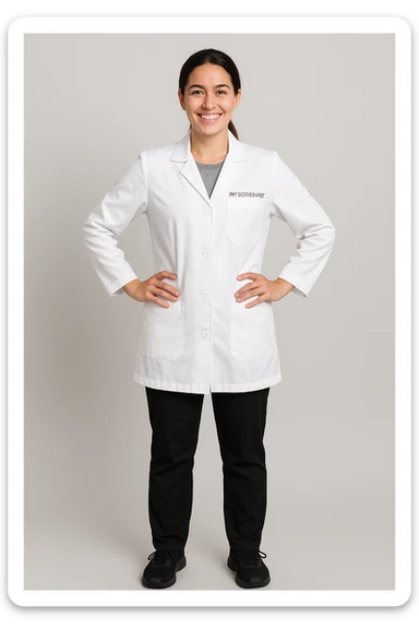 full body physiotherapist in white coat, smiling, hands on hips sticker