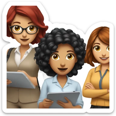 Latina with jet black hair, brunette girl, and a girl with bright red hair all conducting surveys on clipboards and ipads sticker