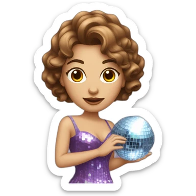 female with brown wavy hair dressed in a party dress and disco ball sticker