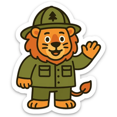 Change the fireman uniform to a forest firefighter outfit, keep the lion friendly, no background. sticker
