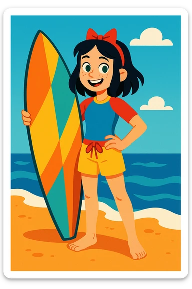 14-year-old girl resembling Snow White, hair slightly below shoulders, small green eyes, some freckles, surfer, medium height, colorful cartoon style sticker