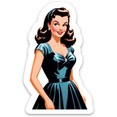 Beautiful woman in 1950’s woman fashion look, black shimmery dress, long dark brown hair, whisky with ice sticker