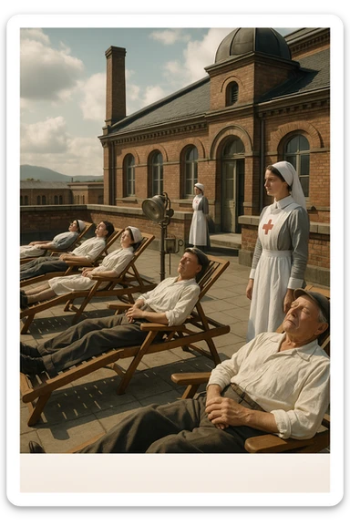 A realistic cinematic image of a hospital rooftop solarium from the 1900s, patients sunbathing under nurse supervision for heliotherapy against tuberculosis and rickets. sticker