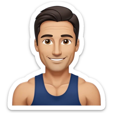 Fit 40-year-old man with tanned skin, long face, chiseled jawline. Attractive features with dark eyes, well-defined arched eyebrows, straight nose. Confident smile. Medium-length wavy dark hair styled in contemporary fashion. Wearing a dark blue tank top. sticker