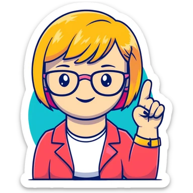 cute cartoon female psychologist with short blonde bob and red-rimmed glasses, raising thumb, wearing bracelet with female symbol, pink red yellow palette sticker