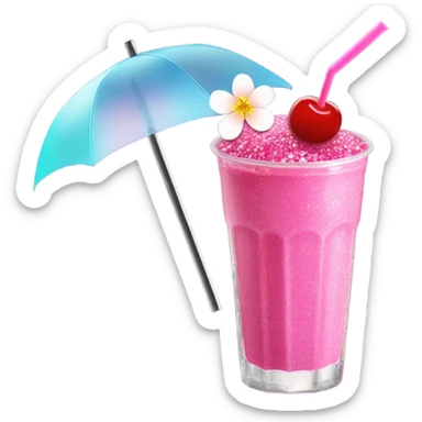 Hot pink smoothie with glitter, cherry blossom, and straw with umbrella  sticker