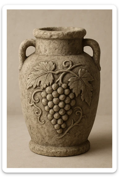 a stone wine jar, ancient style, with grape motif, soft shadows sticker