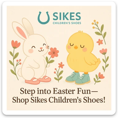 Easter-themed Instagram post for Sikes Children's Shoes with pastel background, logo at top, bunny and chick with shoes, floral accents, headline: 'Step into Easter Fun—Shop Sikes Children’s Shoes!'. Include uploaded logo. sticker