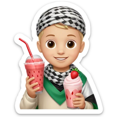 3-year-old boy wearing Palestinian flag-coloured clothes and a traditional Palestinian keffiyeh, smiling, holding a strawberry milk shake sticker