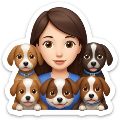 brunette woman surrounded by 4 dogs sticker