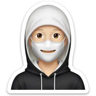A serial killer wearing a white mask that fully covers their face and a black hoodie and smiling sticker
