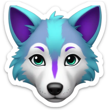 Cyan anthro wolf face with purple markings on cheeks and ears sticker