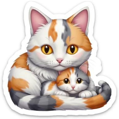 grey and white cat cuddling a colourful light patched calico + white tabby cat sticker