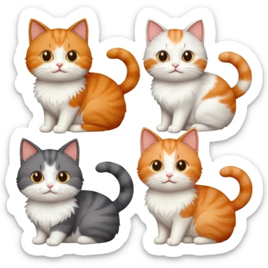 4 different coloured short haired cats including; a dark brown t and white cat, and a dark grey and white  sticker