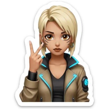 Woman with her tongue out in cyberpunk clothing and giving the middle finger. Looking naughty. sticker