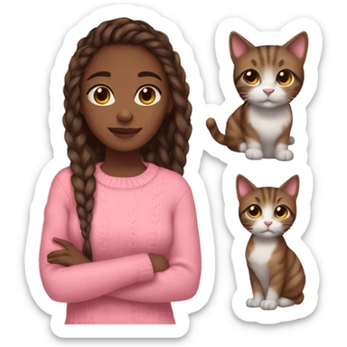 Brown hair girl, braids, brown eyes, pink sweater, headphones, clear glass, brown skin, and cat in hands sticker