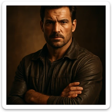 cinematic 4K portrait of a man with strong masculine energy, protective stance, confident posture, warm dramatic lighting, hyper realistic details sticker