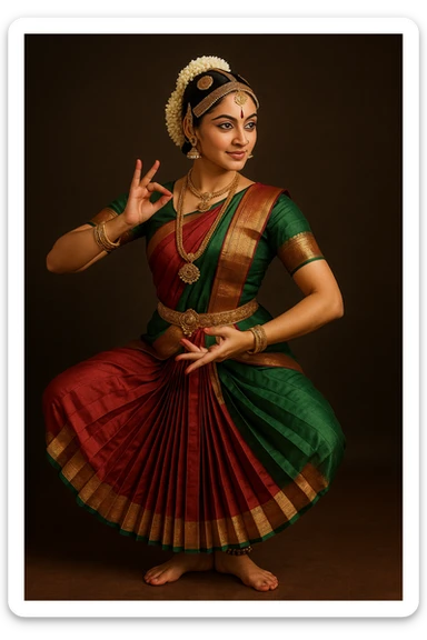 Bharatanatyam dancer, graceful mudra, elaborate hair and makeup, gold ornaments, traditional anklets, poised stance sticker