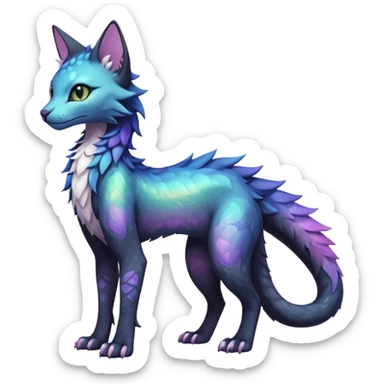 Kawaii black pastel iridescent beautiful pretty elegant divine edgy fantasy feline-vernid-sergal-fursona animal creature with a tufted tail full body with intricate markings  sticker