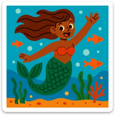 a mermaid with a forest green tail and chestnut brown hair, vibrant cartoon style, colorful, lively sticker