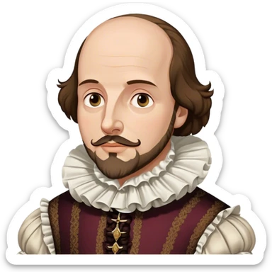 Cinematic Realistic portrait of William Shakespeare, depicted as an iconic playwright in richly detailed Elizabethan attire with a ruffled collar, expressive eyes, and a thoughtful gaze, bathed in dramatic historical lighting that evokes the Bard’s timeless legacy sticker