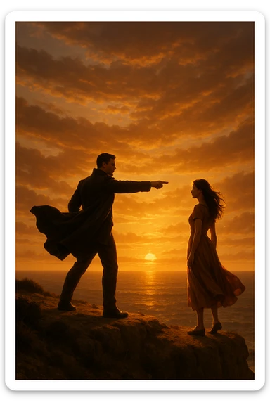 A cinematic scene of a man as a commander guiding a woman toward a bright future, standing on a cliff edge overlooking a vast ocean at sunset, with the man pointing forward while the woman looks at him, ready to follow his lead. The man wears a dark coat blowing in the wind, creating a heroic silhouette, while the woman wears a flowing dress, her hair catching the light. Warm, dramatic lighting with golden tones, emphasizing hope and leadership. Wide-angle shot capturing the epic scenery and emotional connection.
 sticker