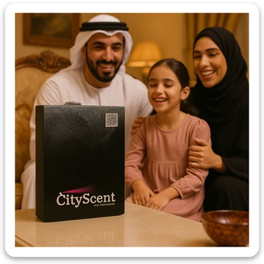 Create a vertical (portrait, 9:16 aspect ratio) Instagram Story–style image placing the CityScent air freshener machine on a table in a luxury living room. Show a family in Arabic dress gathered around, smiling and enjoying the scent. The style is realistic, elegant, and optimized for mobile viewing. sticker