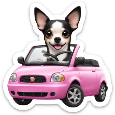 Black and white Chihuahua driving pink Fiat sticker