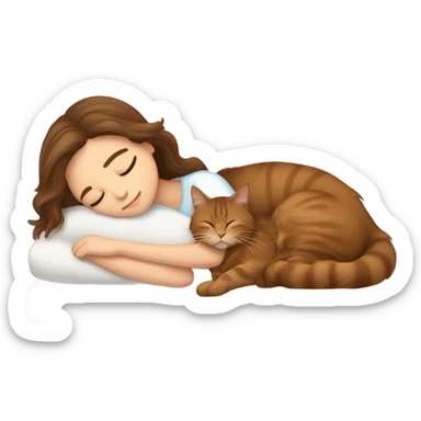 Brown-haired girl sleeping with her brown maine coon cat  sticker