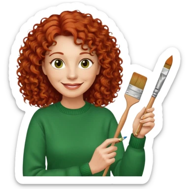 FEMME FRISÉ 60 ANS CHEVEUX ROUX FRISÉ SEMI LONG SOURIANTE AVEC CHANDAIL VERT YEUX BRUN ET UN PINCEAU À LA MAIN LA MAIN AVEC 5 DOIGT SEULEMENT  sticker