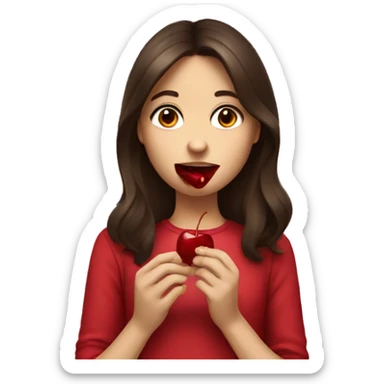 brunette girl eating a cherry sticker