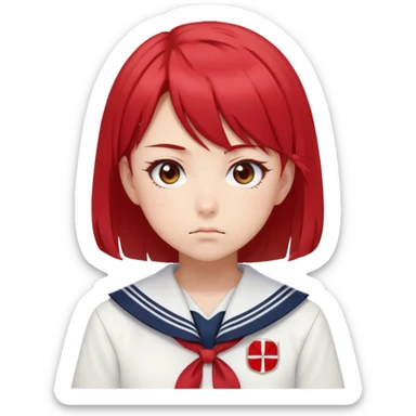 Serious anime girl with short bright red hair wearing Japanese sailor style school uniform, intense gaze and slight frown, disciplined posture sticker