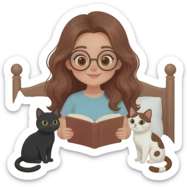 detailed emoji illustration of a curvy woman with long chestnut brown wavy hair, light brown eyes and round glasses sitting on a bed and reading a book, with two cats beside her: one black cat and one white cat with brown spots, cozy bedroom atmosphere, cute emoji style sticker