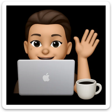 This woman waves her left hand and a coffee cup stands on the table in front of the laptop, keep the original style sticker