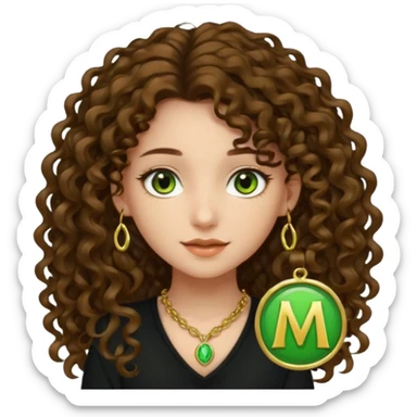 Chica de pelo castaño rizado largo ojos marrones claritos con toque verde piel clarita top negro collar con una m dorada sticker