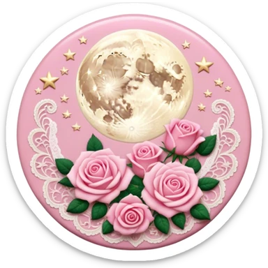 A round pink button with light cream damask lace, a full moon and stars and pink roses in the center sticker