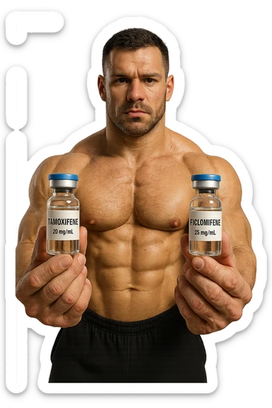 bodybuilder tiene una fiala medica con la scritta "TAMOXIF€NE" NELLA MANO DESTRA E UNA FIALA CON LA SCRITTA €NCL*MIFENE" NELLA MANO SINISTRA sticker